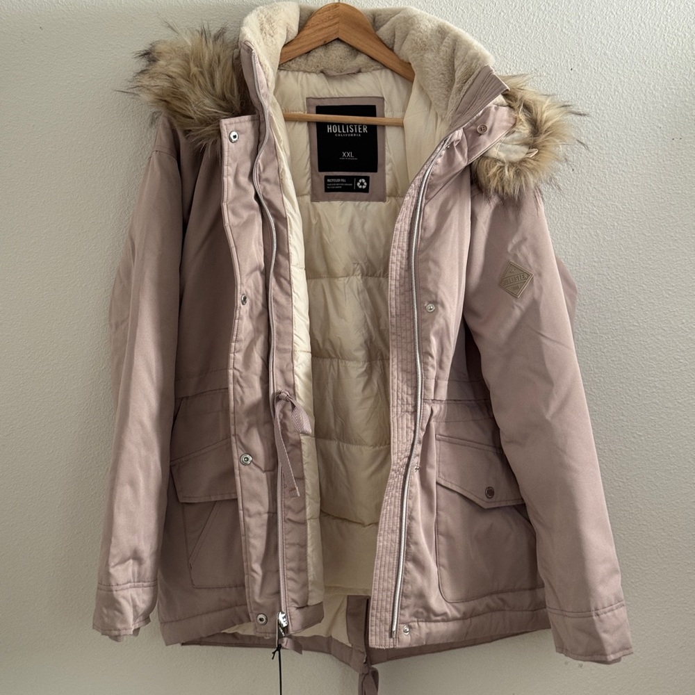 Hollister Tan Ski Jacket with Faux Fur Hood